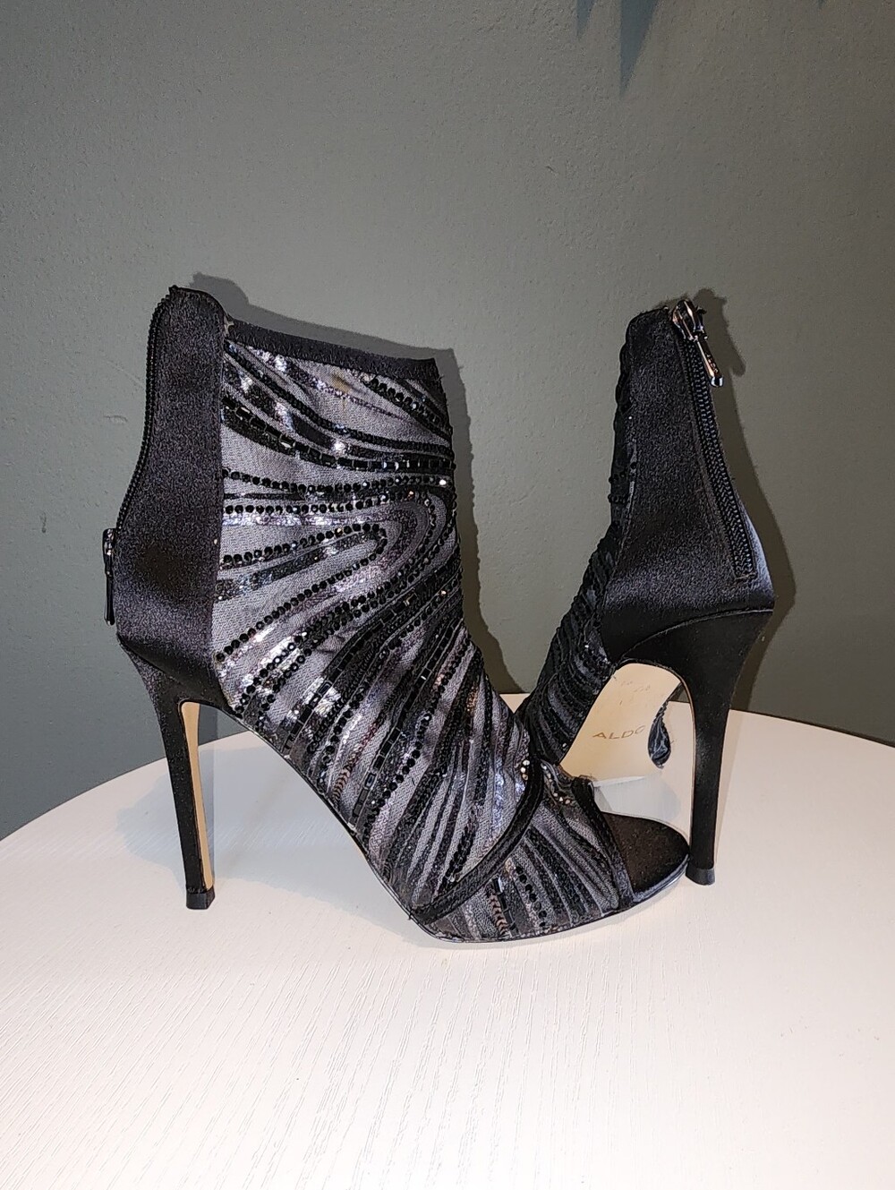 ALDO 6.5 Black and Gray Sequined Peep-Toe Stiletto Ankle Boots